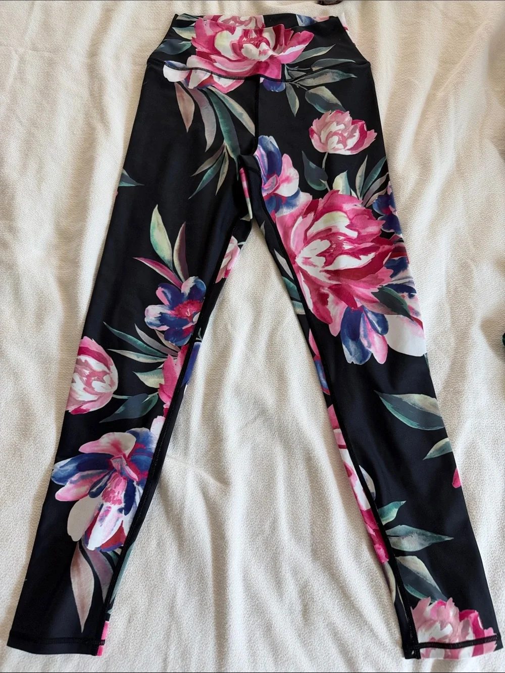 Carbon38 Black Floral Leggings with Pink & Green Accents
